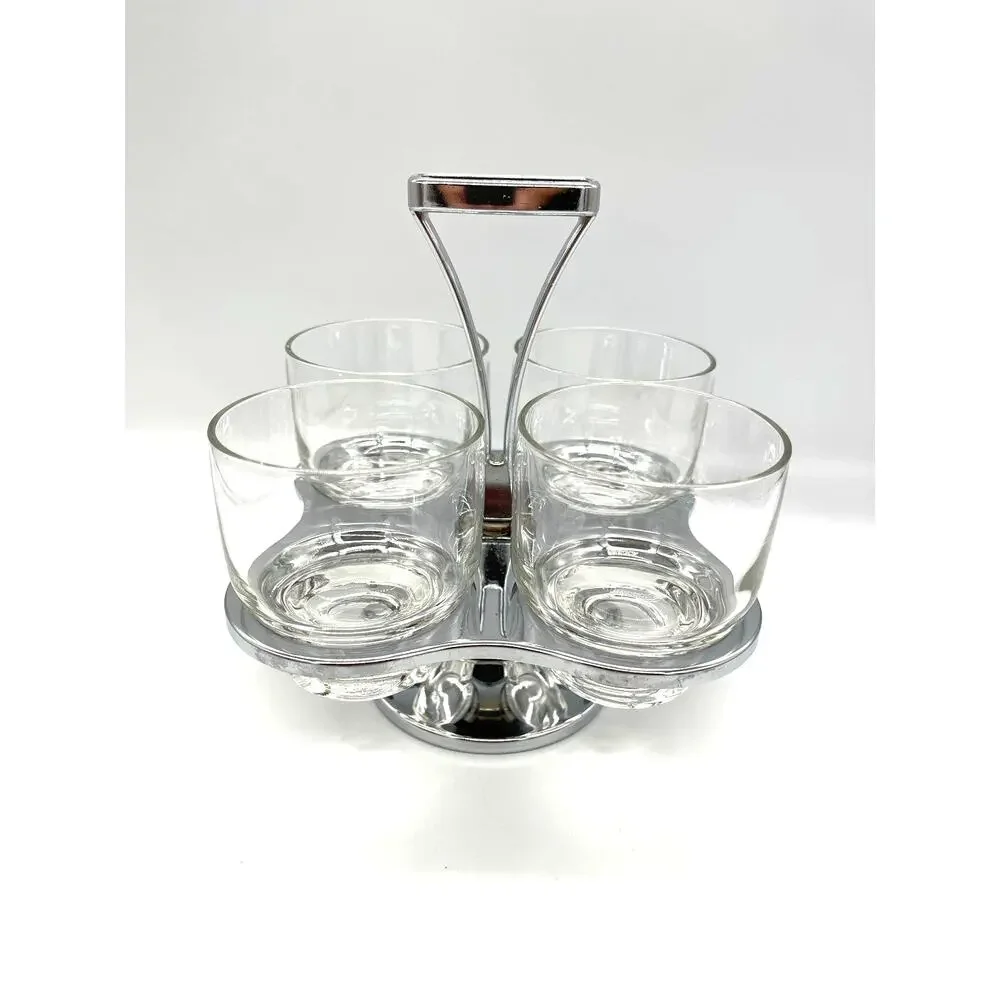 Vintage Mid Century Milbern Chrome & Wood Condiment Caddy 4 Glasses & Spoons